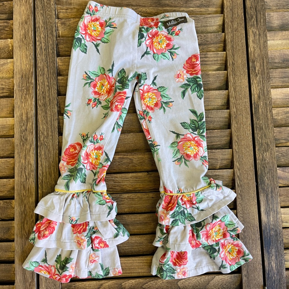 Matilda Jane Floral Flared Tiered Kids Leggings - Gray and Red, Coral & Yellow